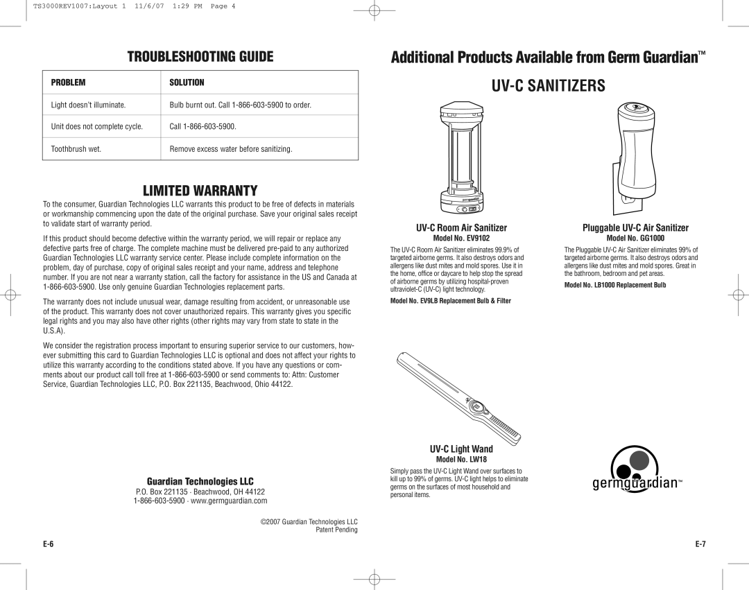 Guardian Technologies TS3000CA warranty UV-C Sanitizers, Troubleshooting Guide, Limited Warranty 