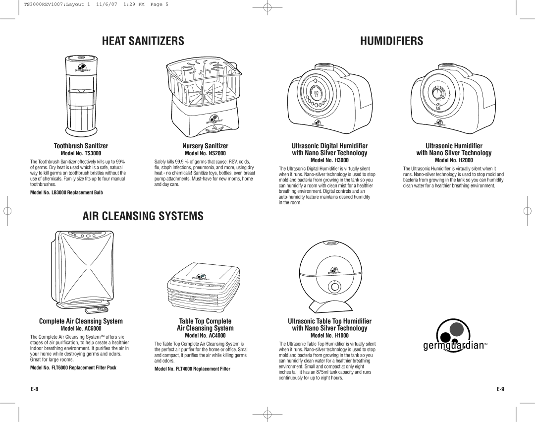 Guardian Technologies TS3000CA warranty Heat Sanitizers, AIR Cleansing Systems, Humidifiers 