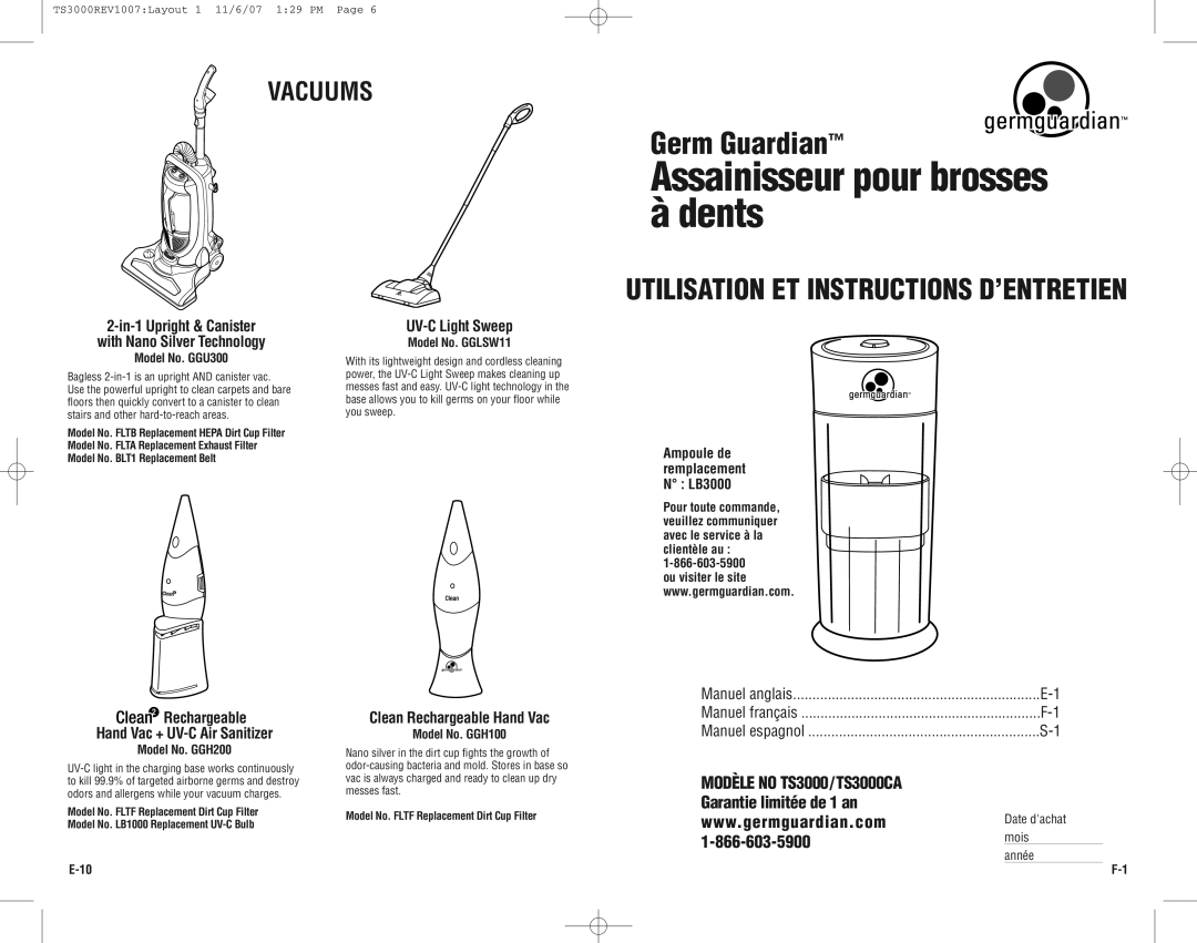 Guardian Technologies TS3000CA warranty Vacuums, Utilisation ET Instructions D’ENTRETIEN, UV-CLight Sweep 