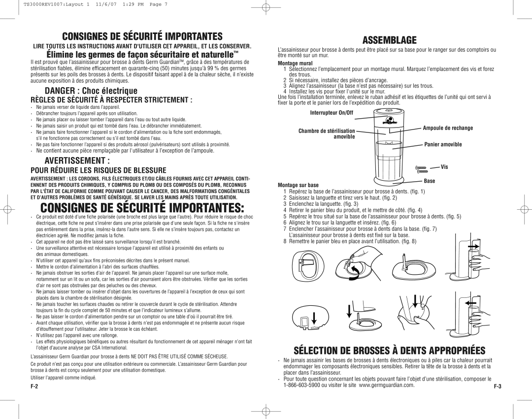 Guardian Technologies TS3000CA Consignes DE Sécurité Importantes, Assemblage, Sélection DE Brosses À Dents Appropriées 