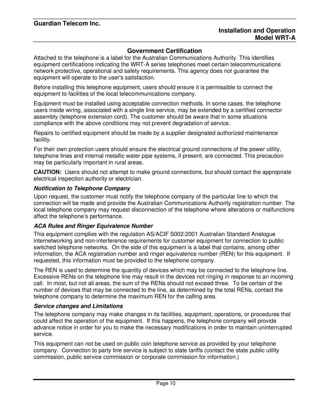 Guardian Technologies WRT-30-A, WRT-10-A manual Notification to Telephone Company, ACA Rules and Ringer Equivalence Number 