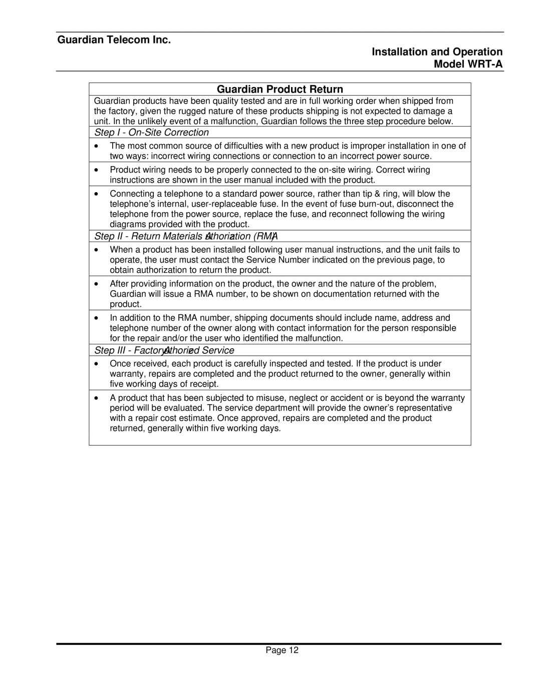 Guardian Technologies WRT-10-A, WRT-30-A, WRT-40-A Step I On-Site Correction, Step II Return Materials Authorization RMA 