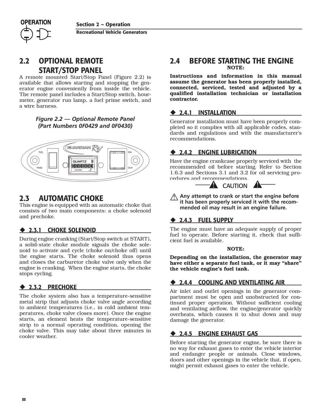 Guardian Technologies 004702-0, 004703-0, 004704-0, 004705-0, 004706-0, 004707-0 Optional Remote START/STOP Panel 