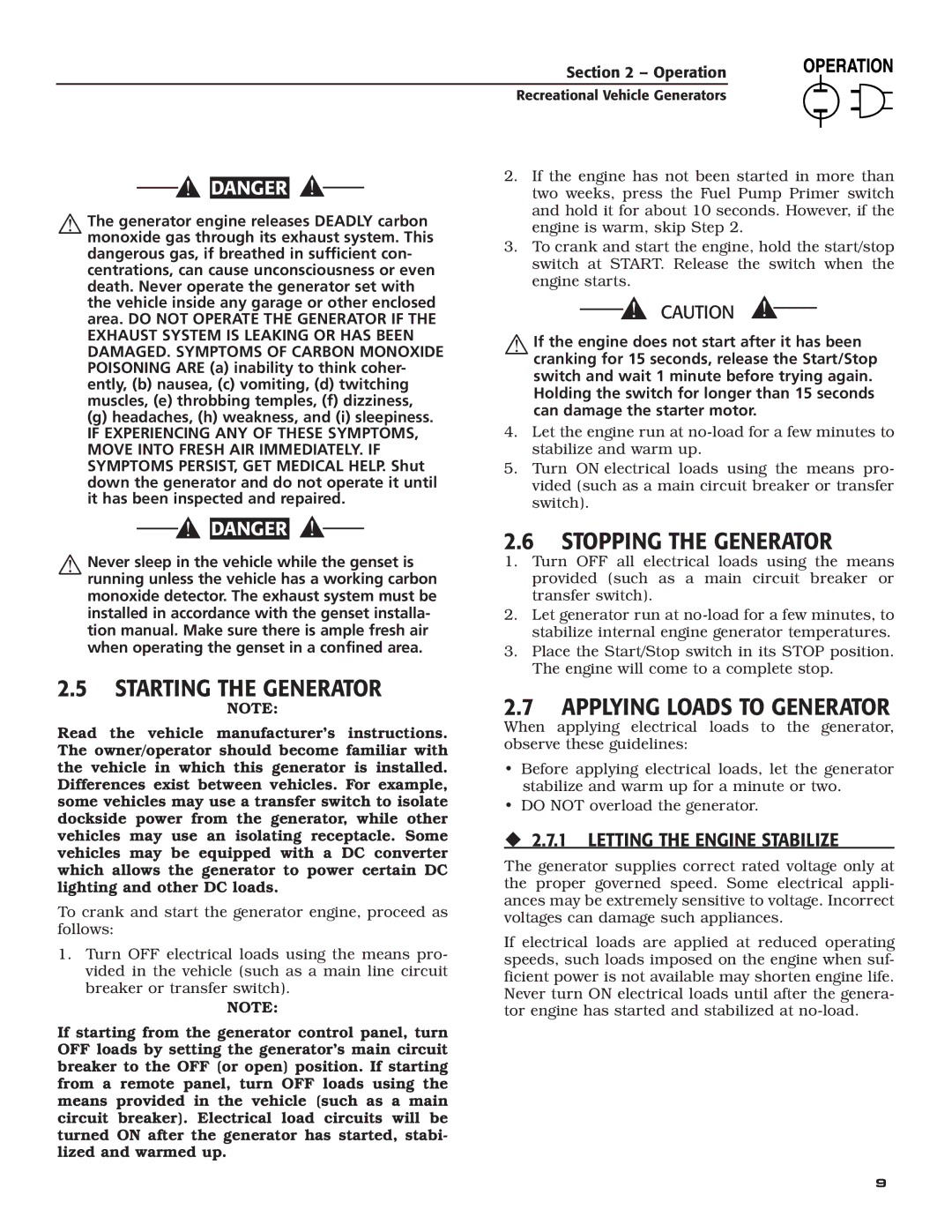 Guardian Technologies 004702-0, 004703-0, 004704-0, 004705-0, 004706-0, 004707-0 owner manual Starting the Generator 