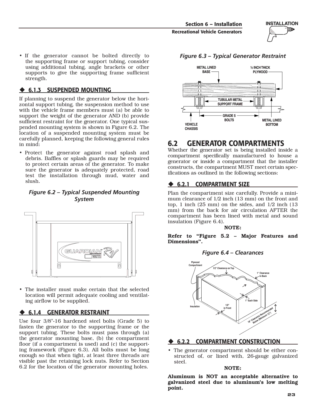 Guardian Technologies 004702-0, 004703-0, 004704-0, 004705-0, 004706-0, 004707-0 owner manual Generator Compartments 