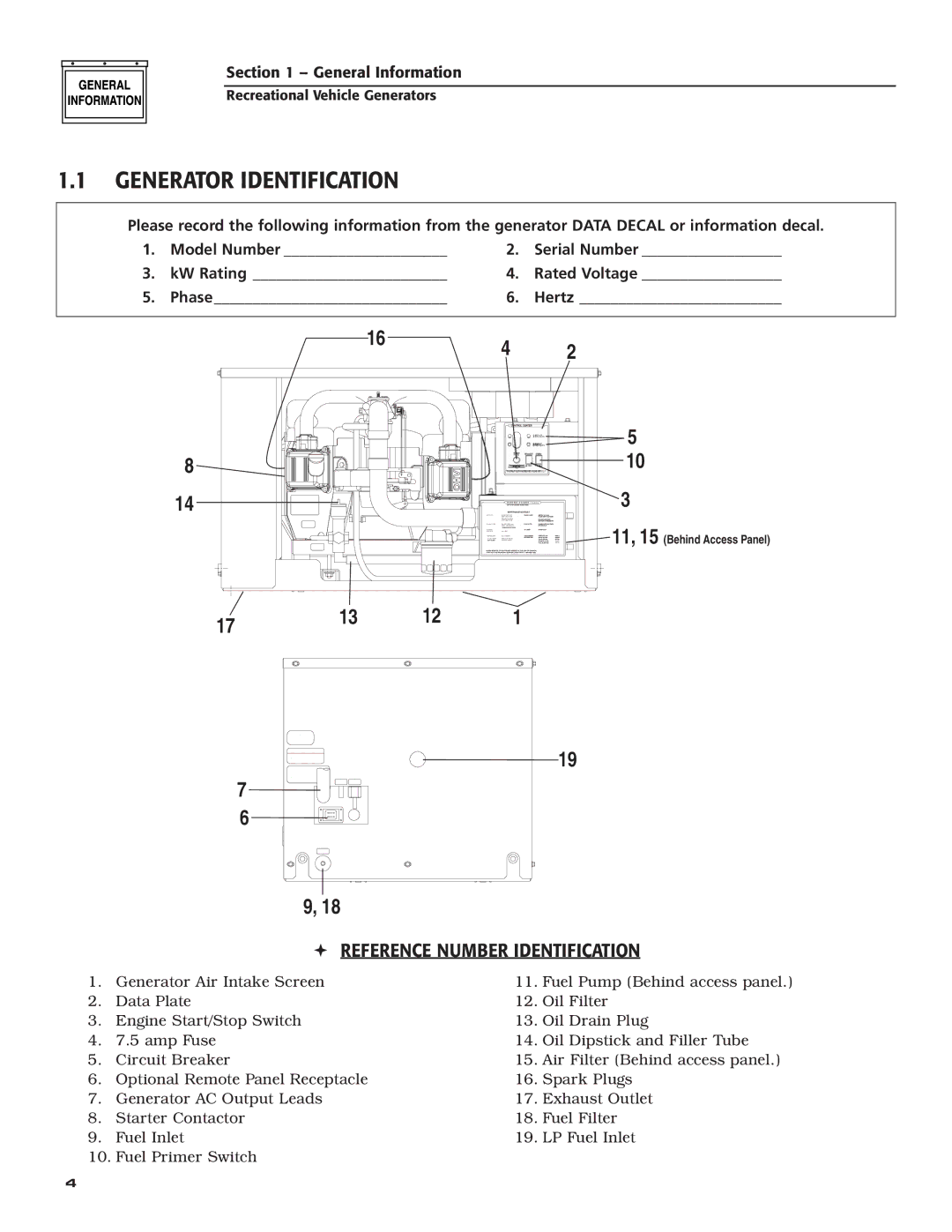 Guardian Technologies 004702-0, 004703-0, 004704-0, 004705-0, 004706-0, 004707-0 owner manual Generator Identification 