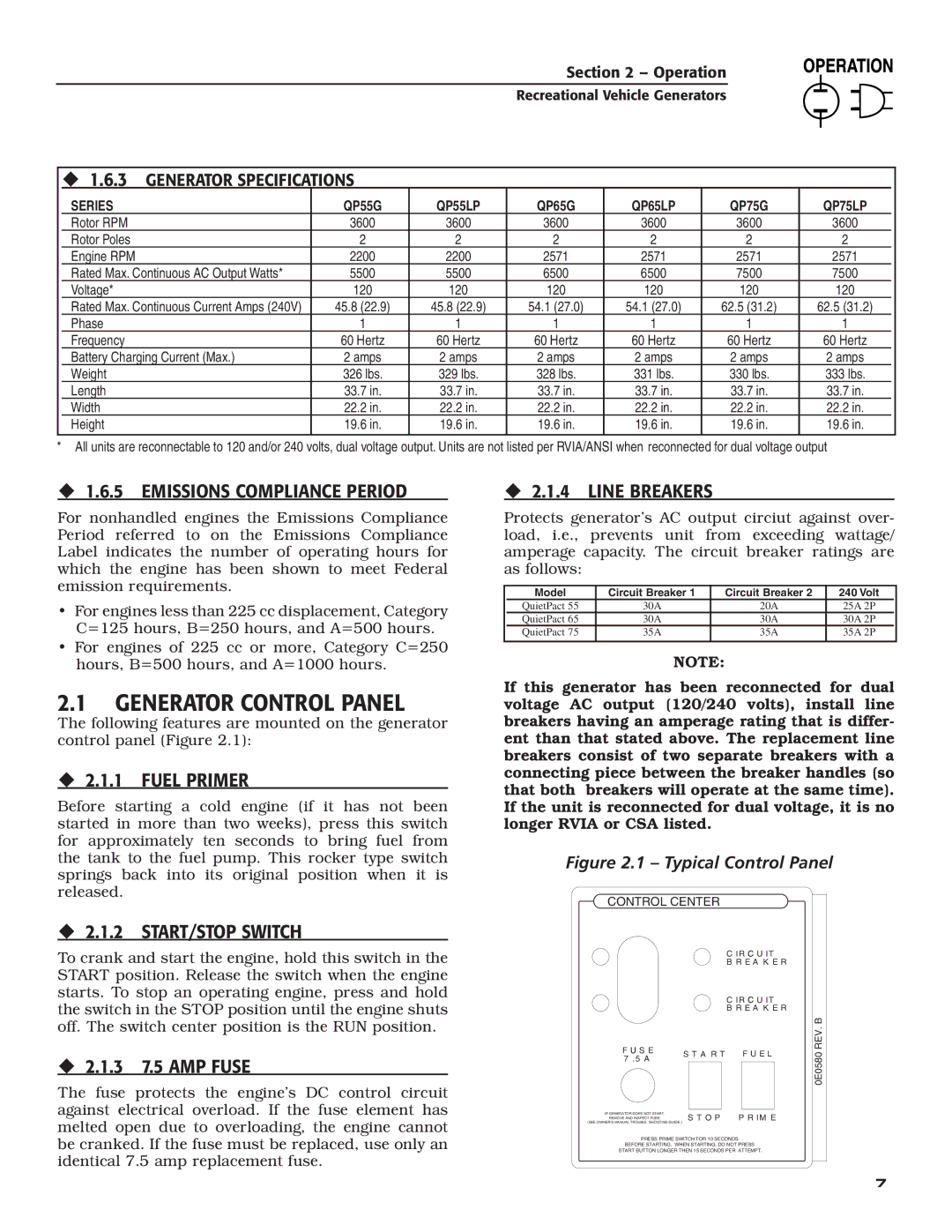 Guardian Technologies 004702-0, 004703-0, 004704-0, 004705-0, 004706-0, 004707-0 owner manual Generator Control Panel 