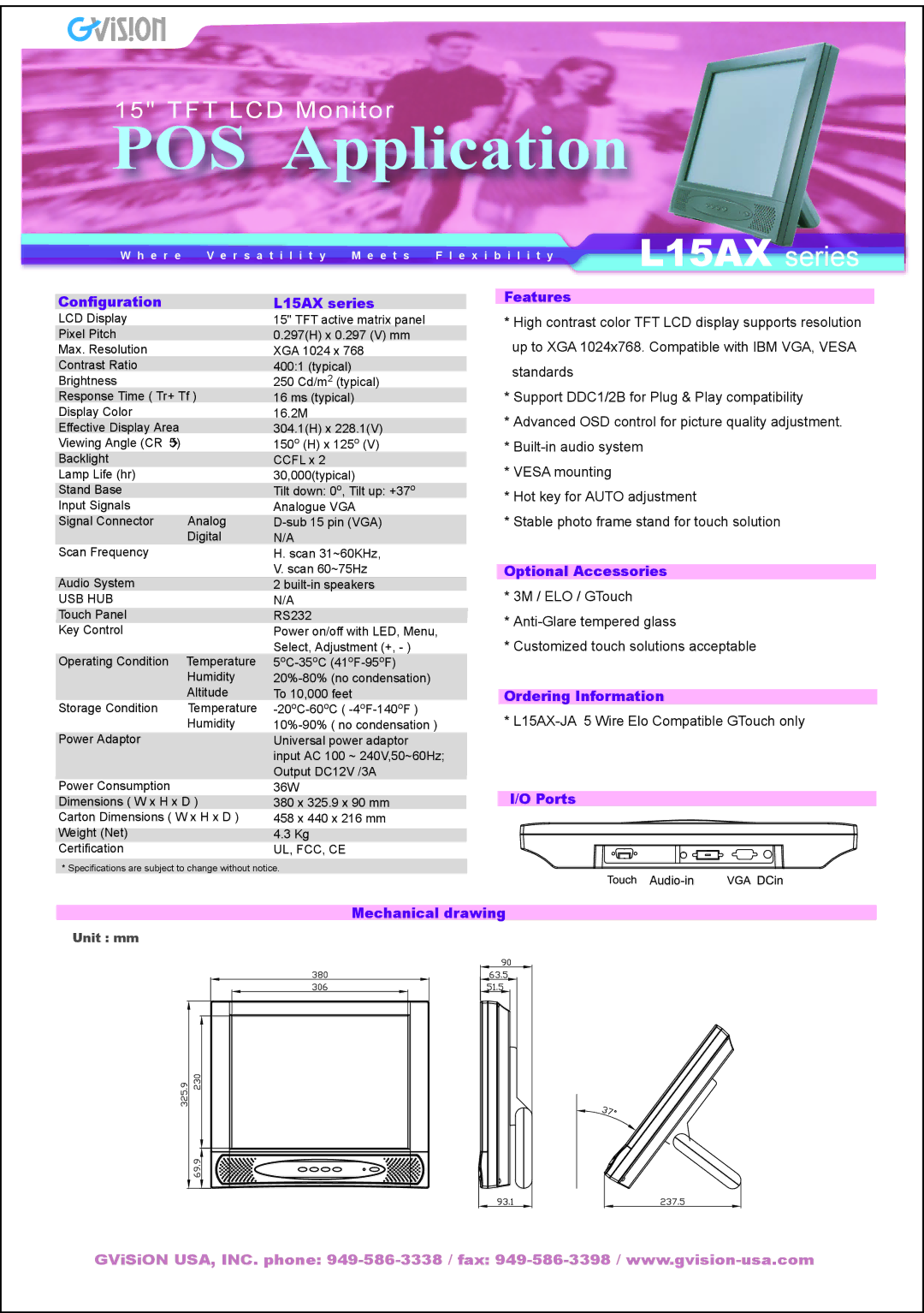 GVision L15AX Series specifications POS Application, L15AX series 