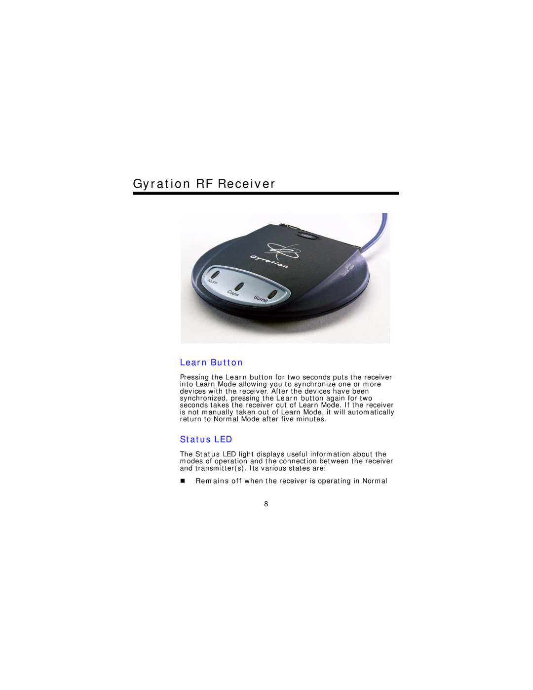 Gyration Compact Keyboard user manual Learn Button, Status LED 