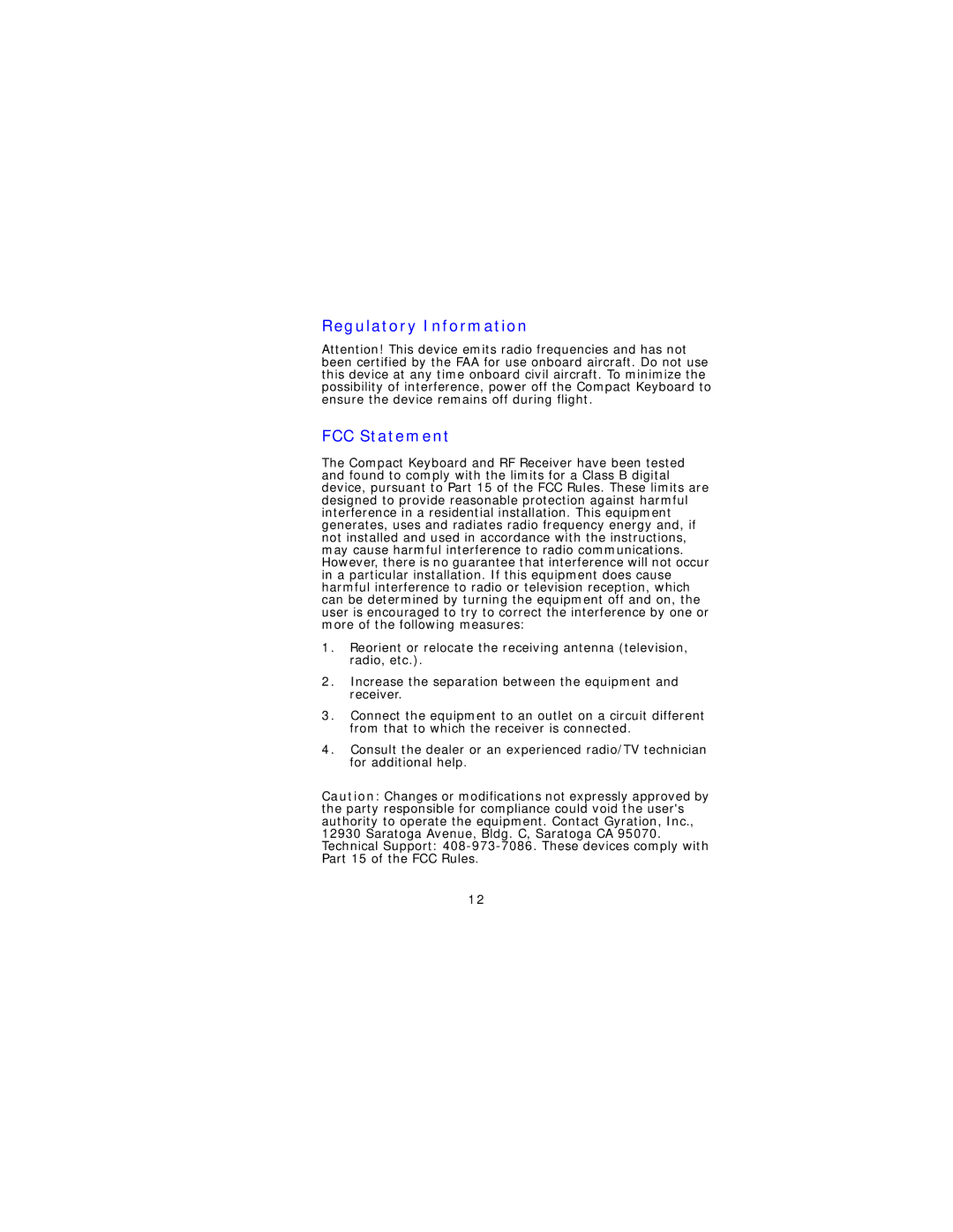 Gyration Compact Keyboard user manual Regulatory Information FCC Statement 