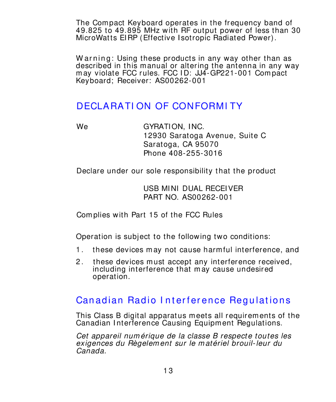 Gyration Compact Keyboard user manual Declaration of Conformity, Canadian Radio Interference Regulations 