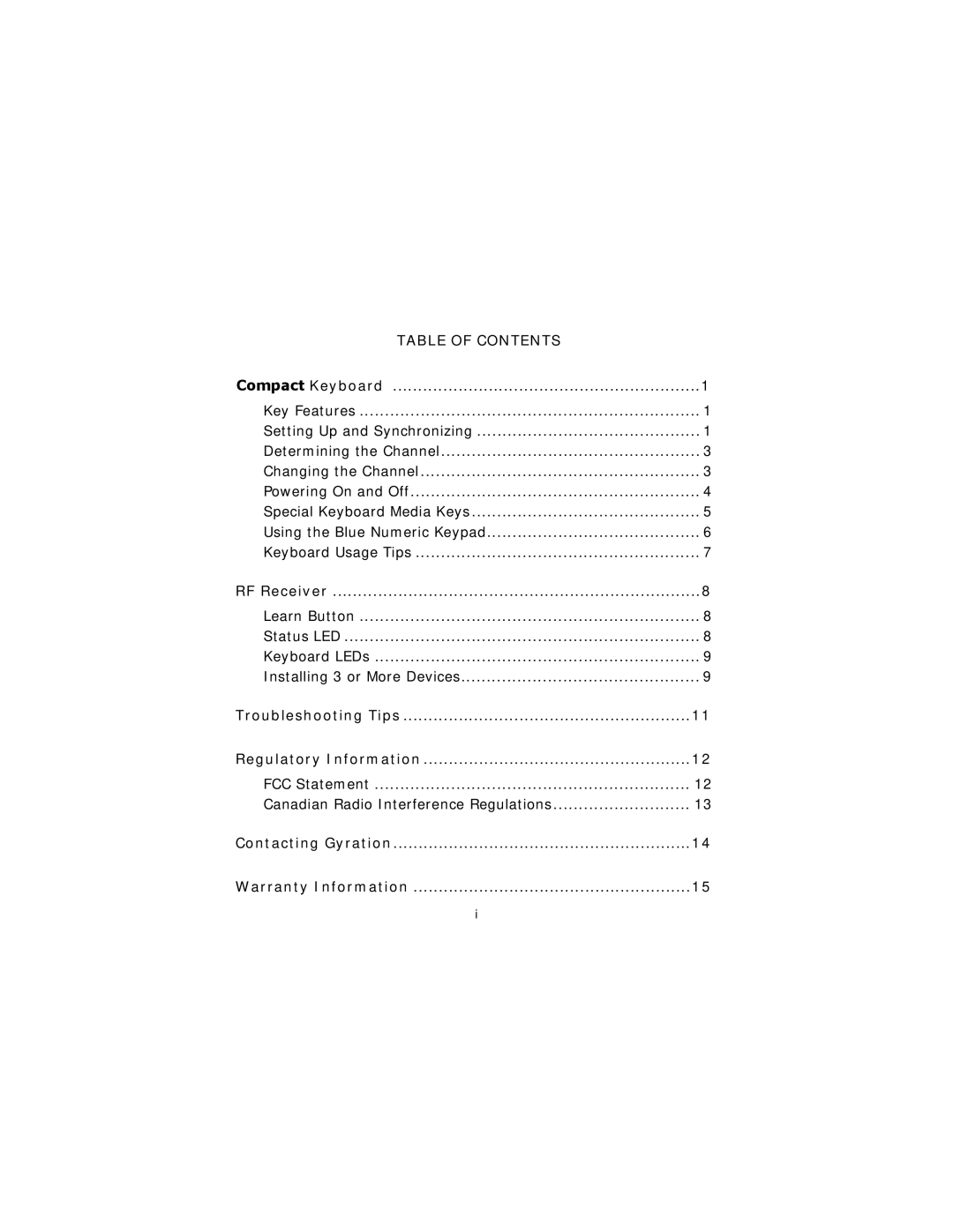 Gyration Compact Keyboard user manual Table of Contents 