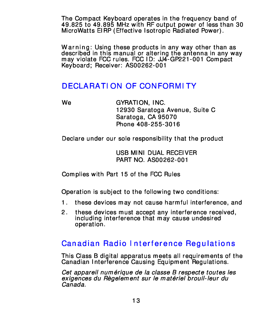 Gyration Compact Keyboard user manual Declaration Of Conformity, Canadian Radio Interference Regulations 