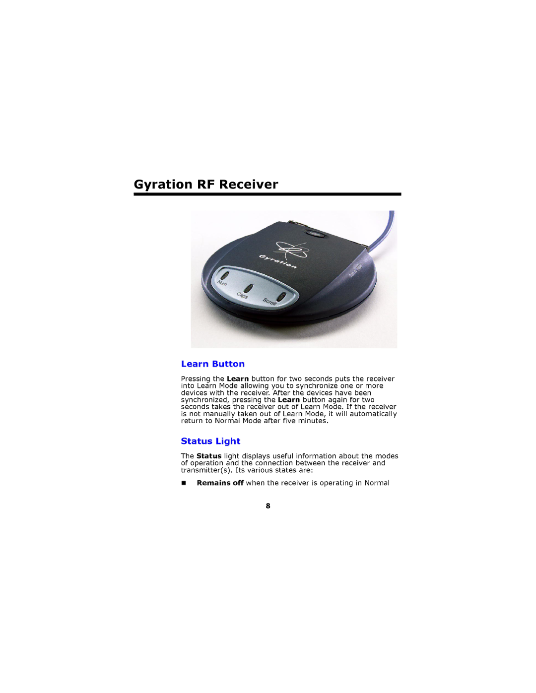 Gyration GP3200 user manual Learn Button, Status Light 