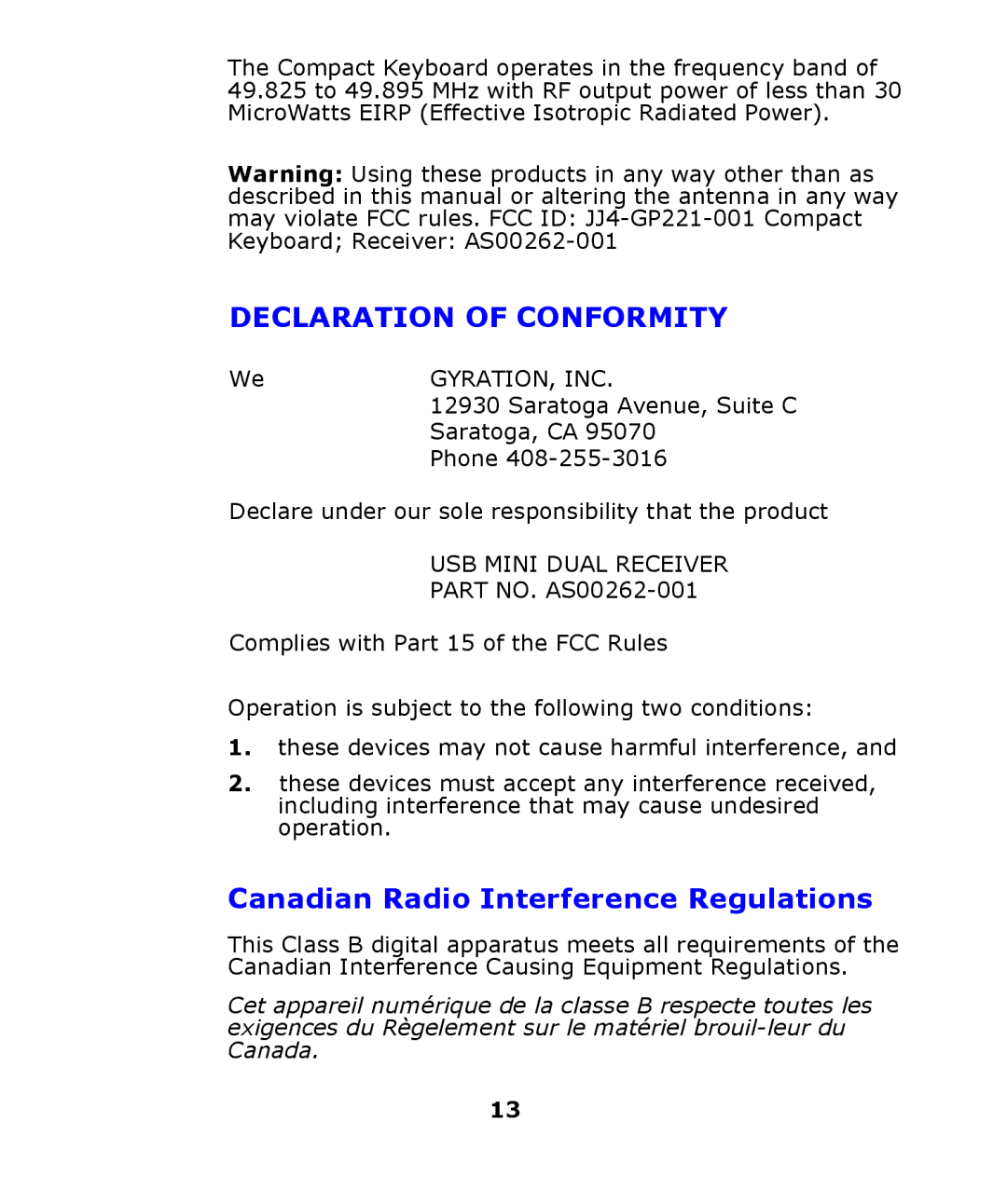 Gyration GP3200 user manual Declaration of Conformity, Canadian Radio Interference Regulations 