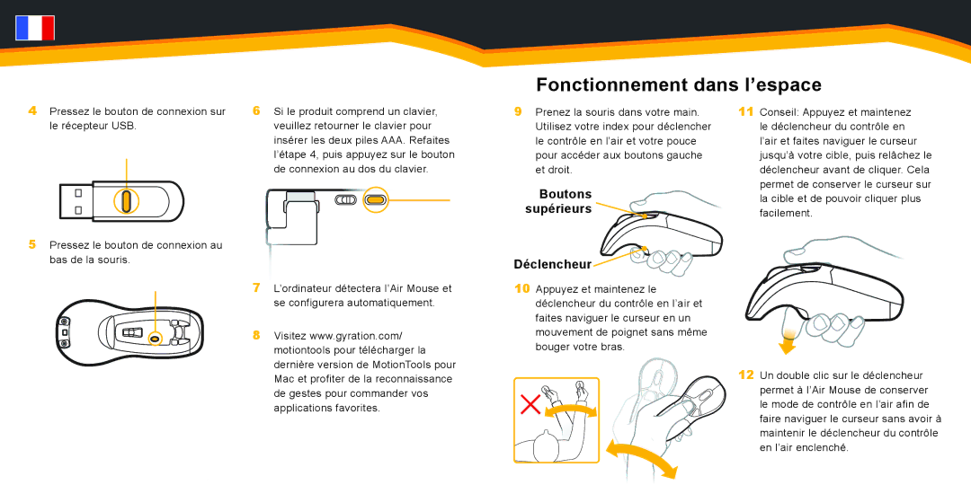 Gyration GYM1100NA quick start Fonctionnement dans l’espace, Boutons, Déclencheur 