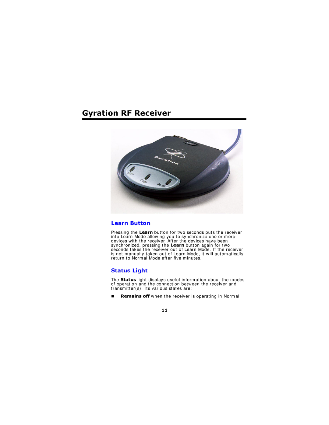 Gyration Ultra Cordless Optical Mouse user manual Learn Button, Status Light 