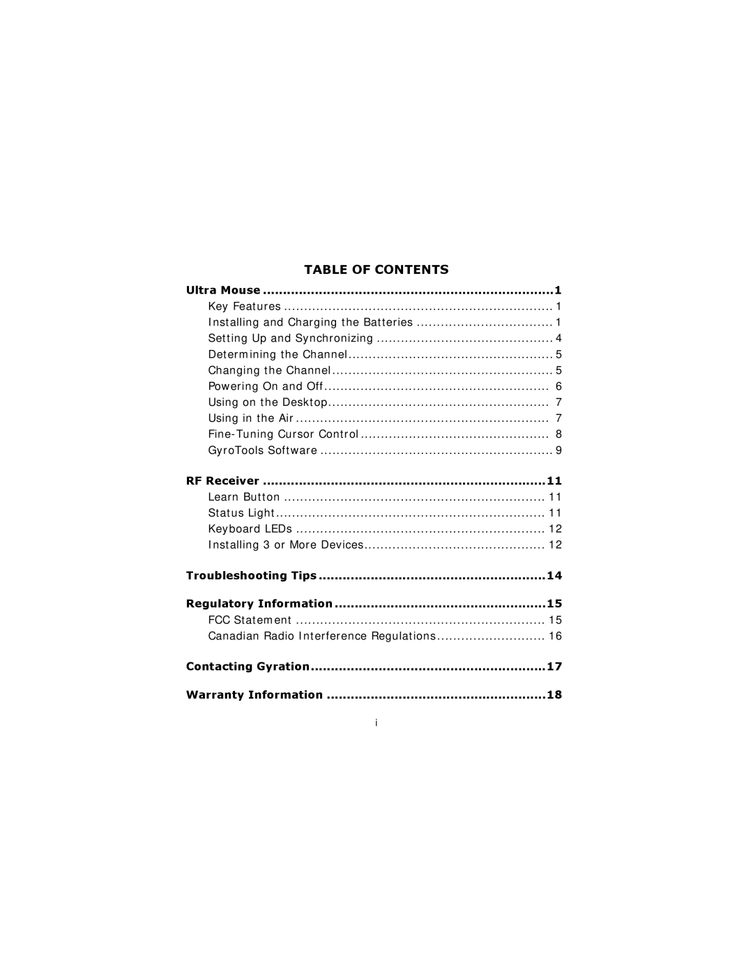 Gyration Ultra Cordless Optical Mouse user manual Table of Contents 