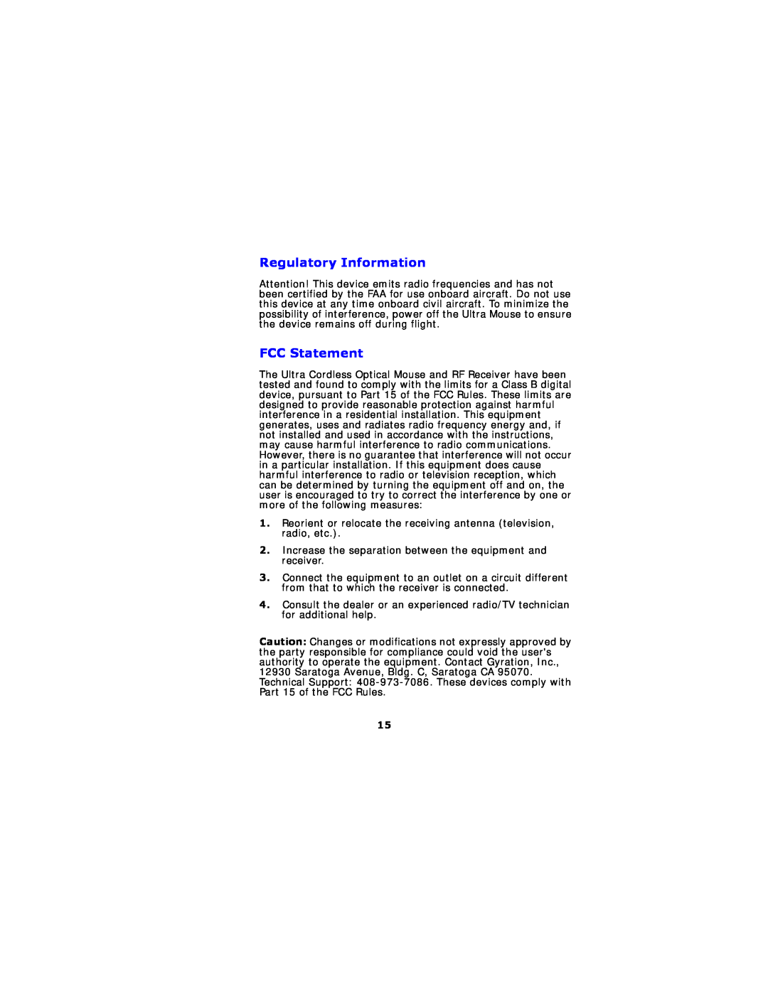 Gyration Ultra Cordless Optical Mouse user manual Regulatory Information, FCC Statement 