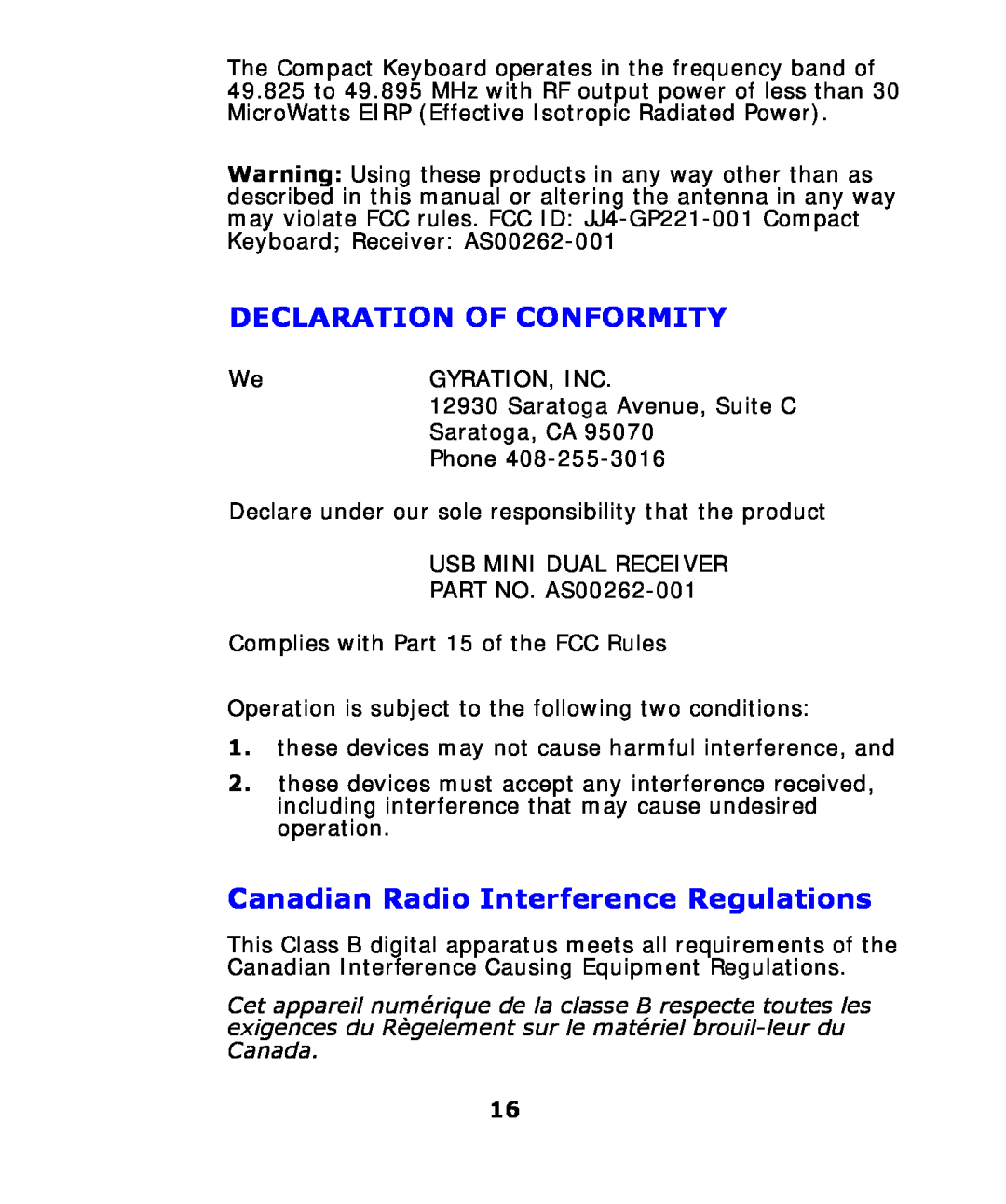 Gyration Ultra Cordless Optical Mouse user manual Declaration Of Conformity, Canadian Radio Interference Regulations 