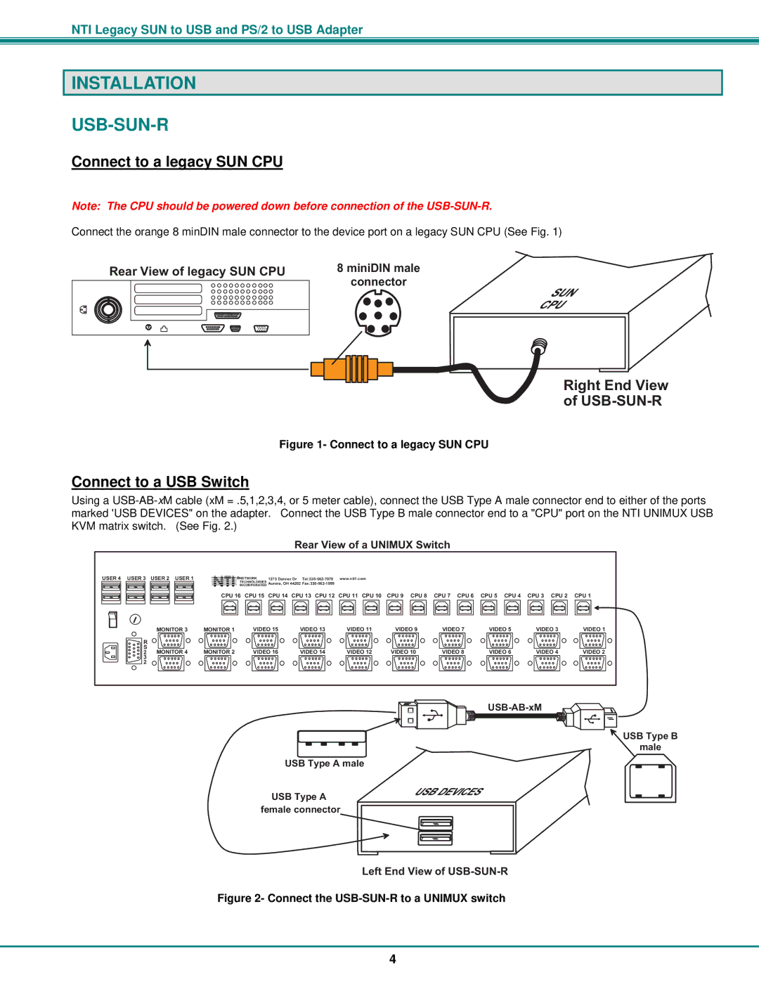 Gyration installation manual Installation USB-SUN-R, Connect to a legacy SUN CPU, Connect to a USB Switch 