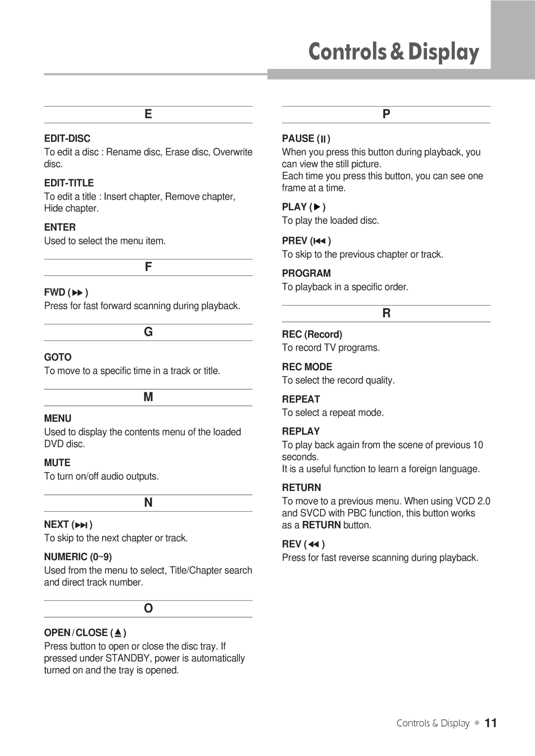 H & B DRX-430 Edit-Disc, Edit-Title, Enter, Goto, Menu, Mute, Numeric 0~9, Open /CLOSE, REC Mode, Repeat, Replay, Return 