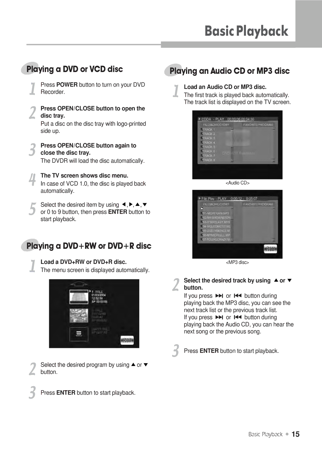 H & B DRX-430 manual BasicPlayback, Playing a DVD or VCD disc, Playing an Audio CD or MP3 disc 