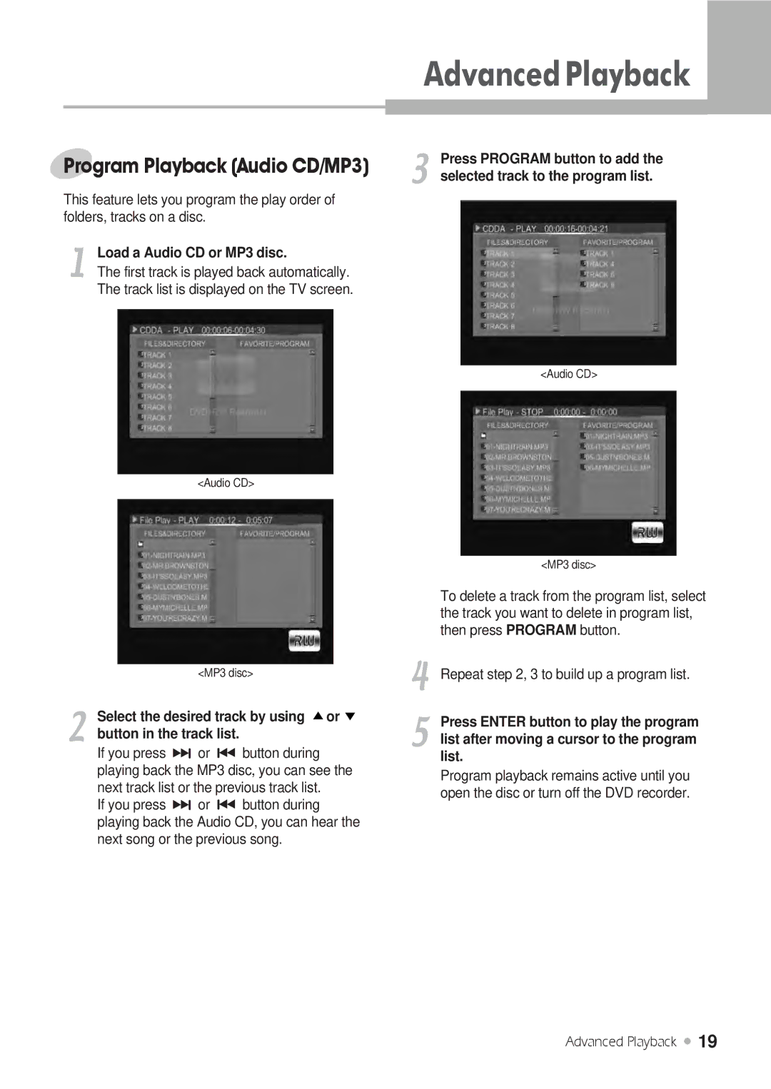 H & B DRX-430 manual Load a Audio CD or MP3 disc, Selected track to the program list, Button in the track list, List 