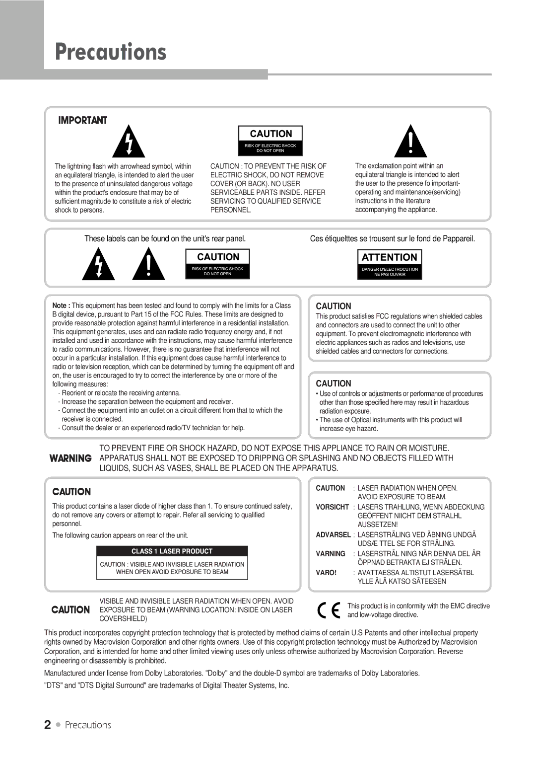 H & B DRX-430 manual Precautions, These labels can be found on the units rear panel 