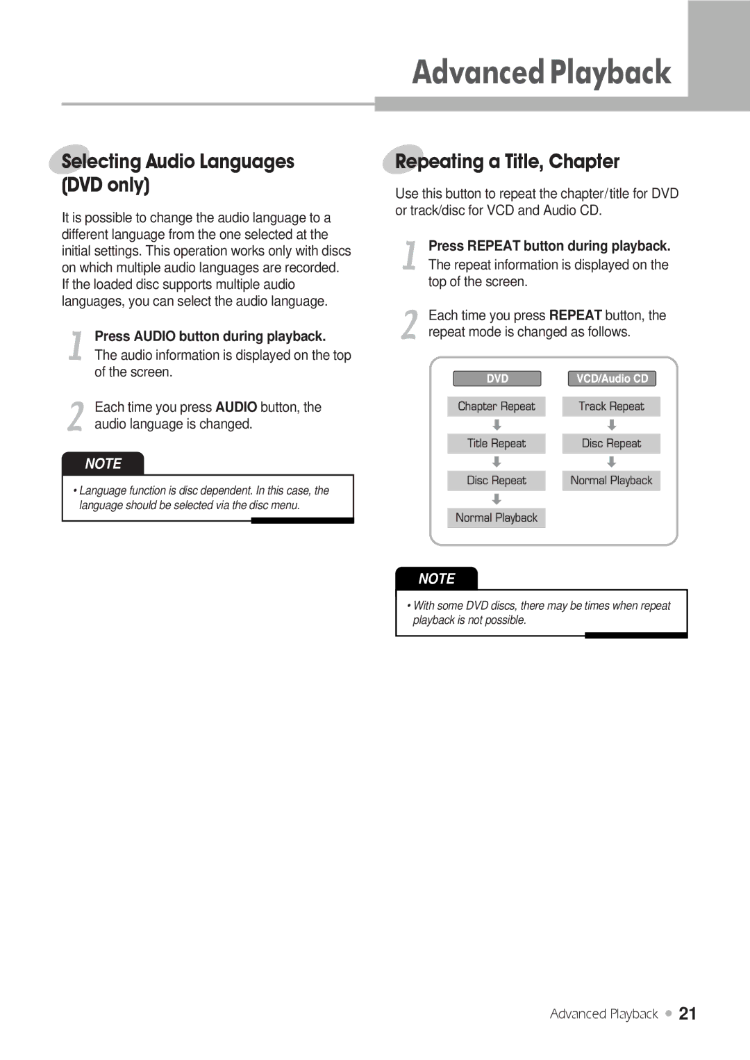 H & B DRX-430 manual Selecting Audio Languages DVD only, Repeating a Title, Chapter, Press Audio button during playback 