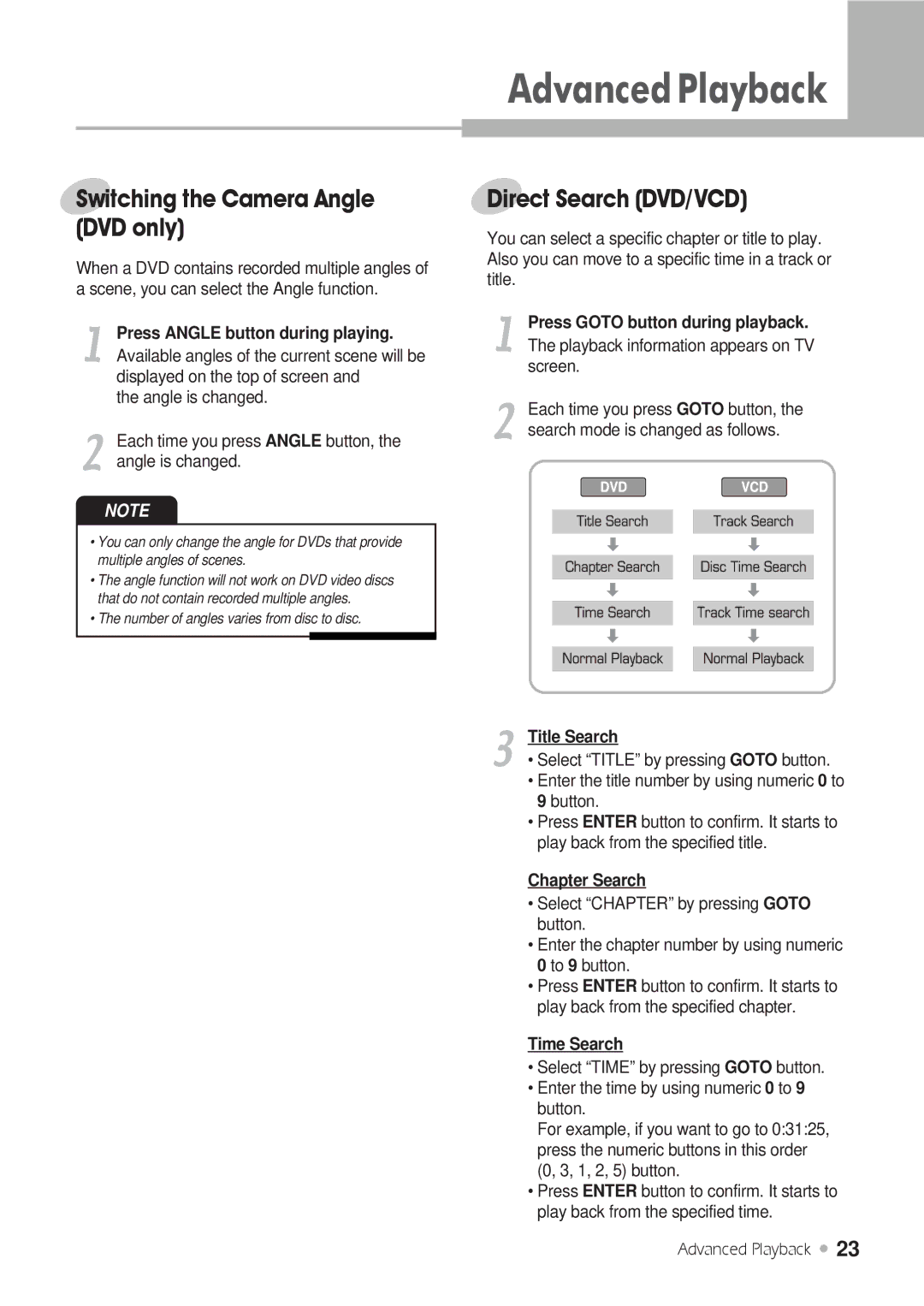 H & B DRX-430 manual Switching the Camera Angle DVD only, Direct Search DVD/VCD 