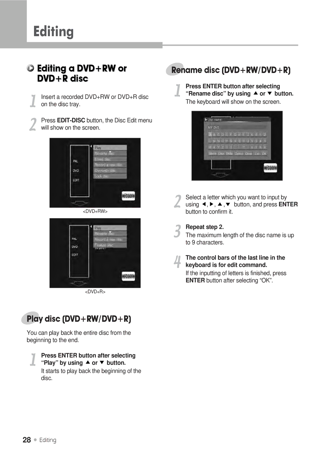 H & B DRX-430 manual Editing, Rename disc DVD+RW/DVD+R, Play disc DVD+RW/DVD+R 