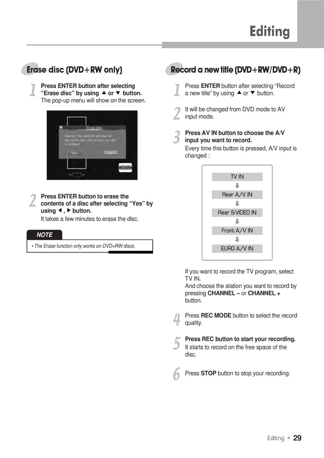 H & B DRX-430 manual Erase disc DVD+RW onlyRecord a new title DVD+RW/DVD+R, Erase disc by using or button, Using , button 