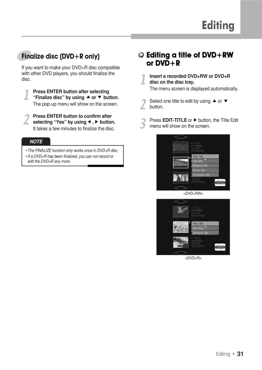 H & B DRX-430 manual Finalize disc DVD+R only 