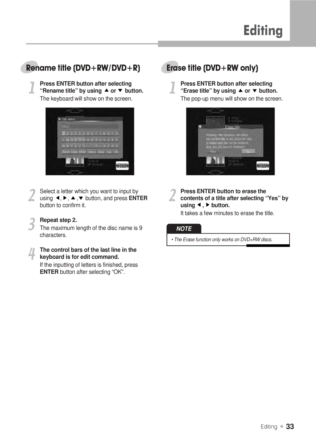 H & B DRX-430 manual Rename title DVD+RW/DVD+R, Erase title DVD+RW only 