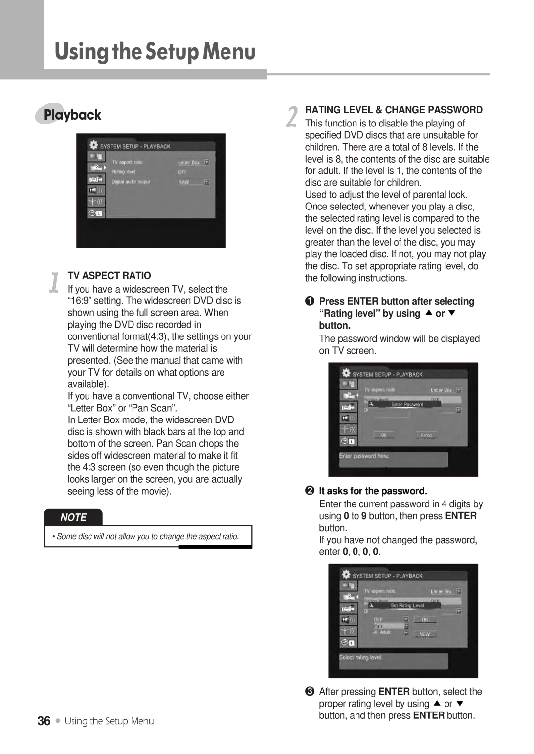 H & B DRX-430 manual Playback, TV Aspect Ratio, Rating level by using or, It asks for the password 