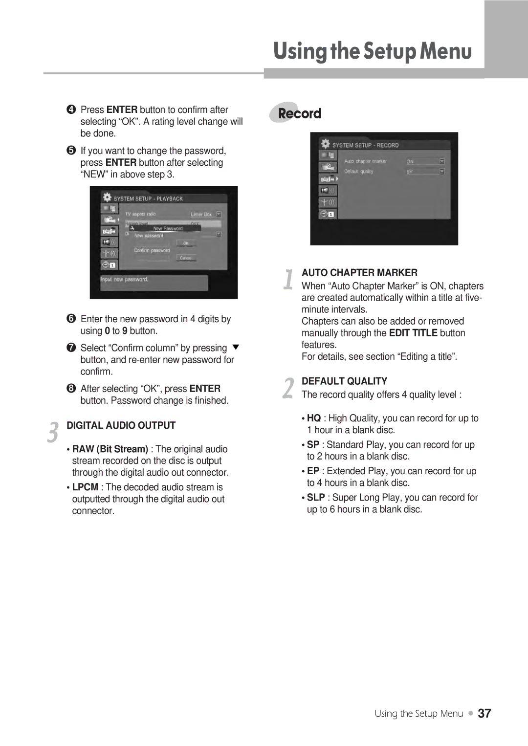 H & B DRX-430 manual Record, Digital Audio Output, Auto Chapter Marker, Default Quality 