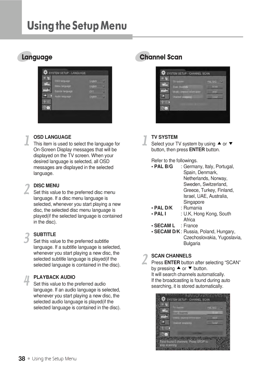 H & B DRX-430 manual Language Channel Scan 