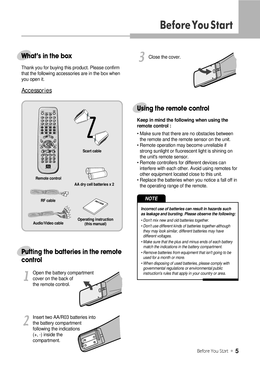 H & B DRX-430 BeforeYouStart, Whats in the box, Putting the batteries in the remote control, Using the remote control 