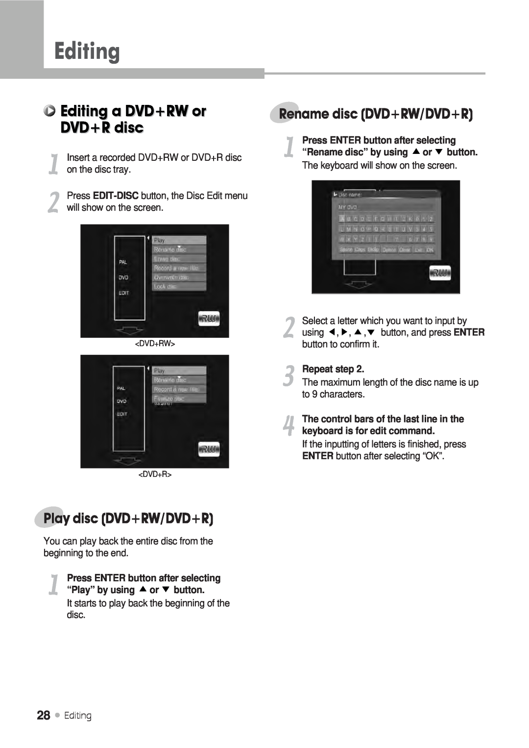 H & B DRX-430 manual Editing a DVD+RW or DVD+R disc, Rename disc DVD+RW/DVD+R, Play disc DVD+RW/DVD+R, Repeat step 