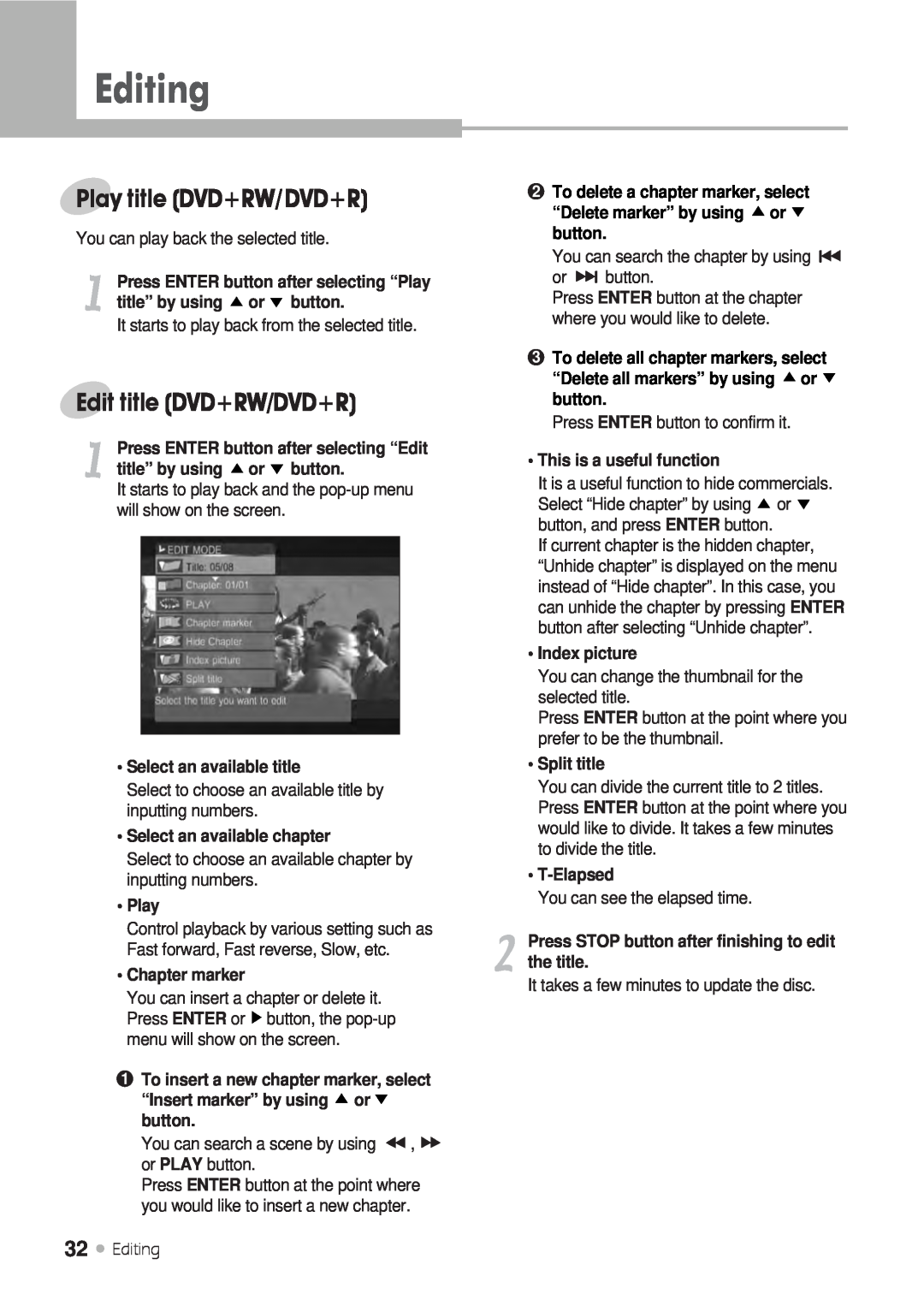 H & B DRX-430 manual Play title DVD+RW/DVD+R, Edit title DVD+RW/DVD+R, Editing, title” by using or button, Chapter marker 