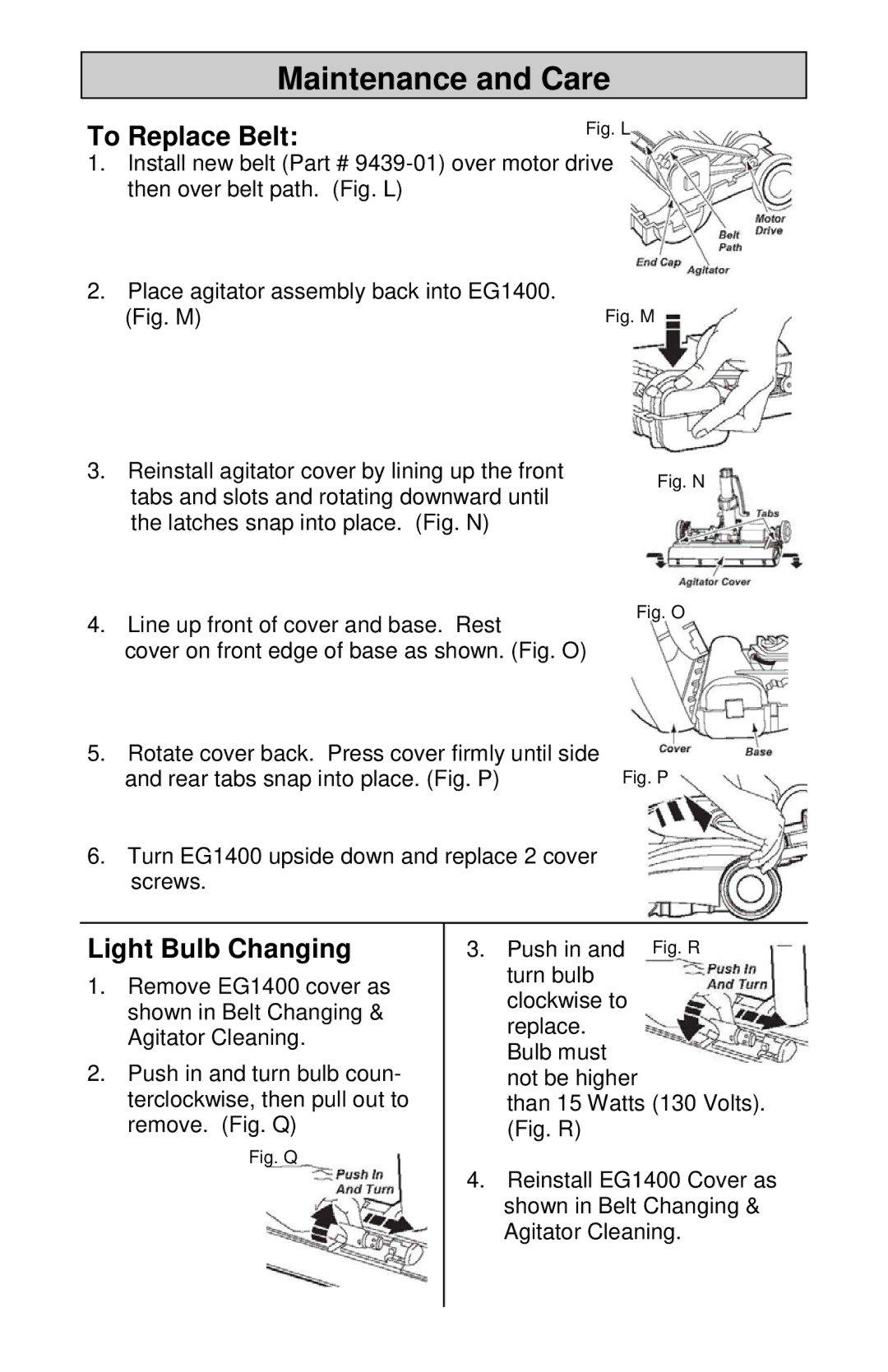 H-P Products EG1400 owner manual To Replace Belt 