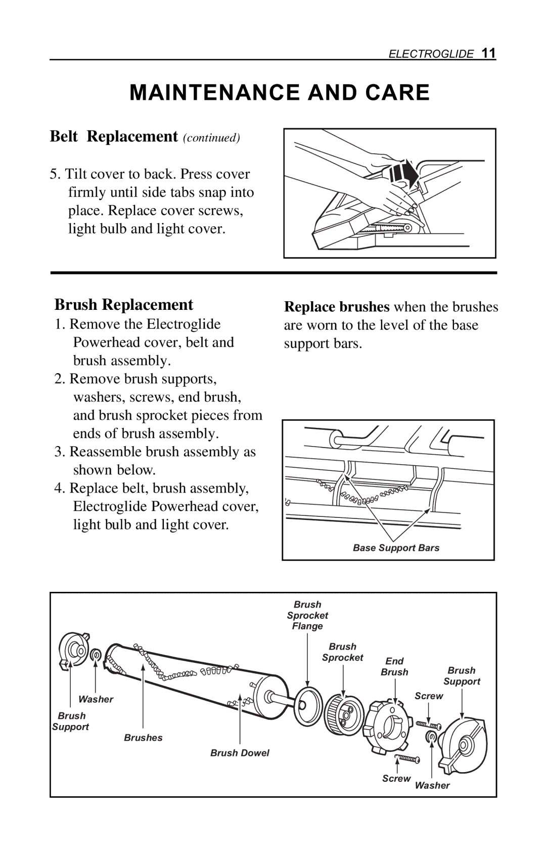 H-P Products Electroglide owner manual Belt Replacement, Brush Replacement 