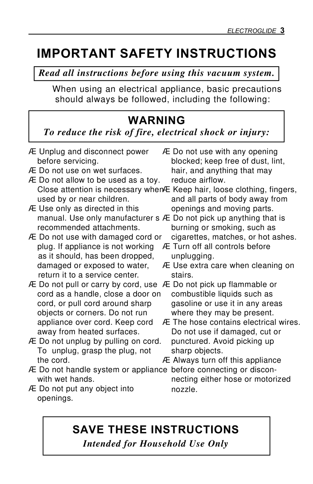 H-P Products Electroglide owner manual Important Safety Instructions, Read all instructions before using this vacuum system 