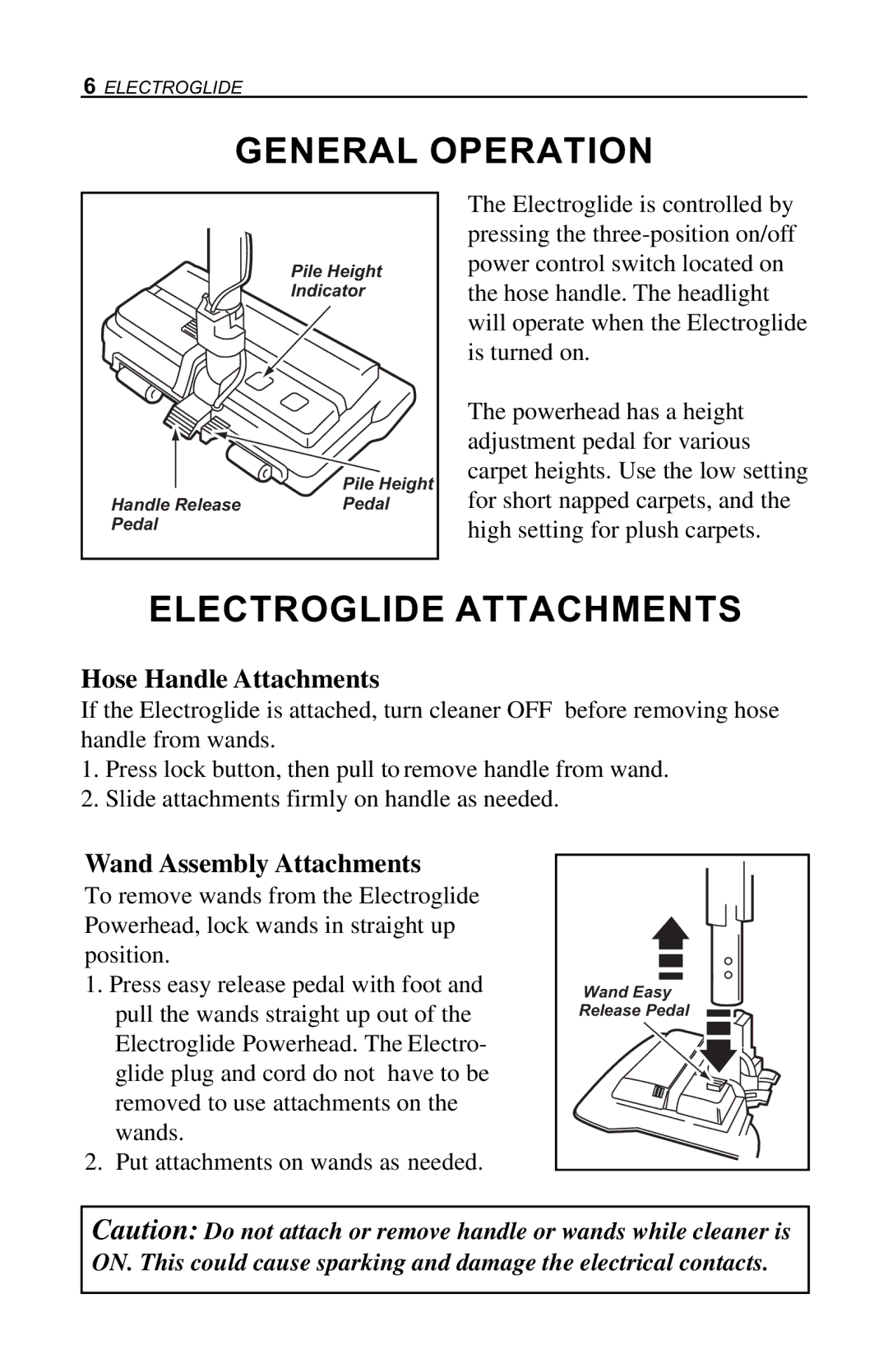 H-P Products General Operation, Electroglide Attachments, Hose Handle Attachments, Wand Assembly Attachments 