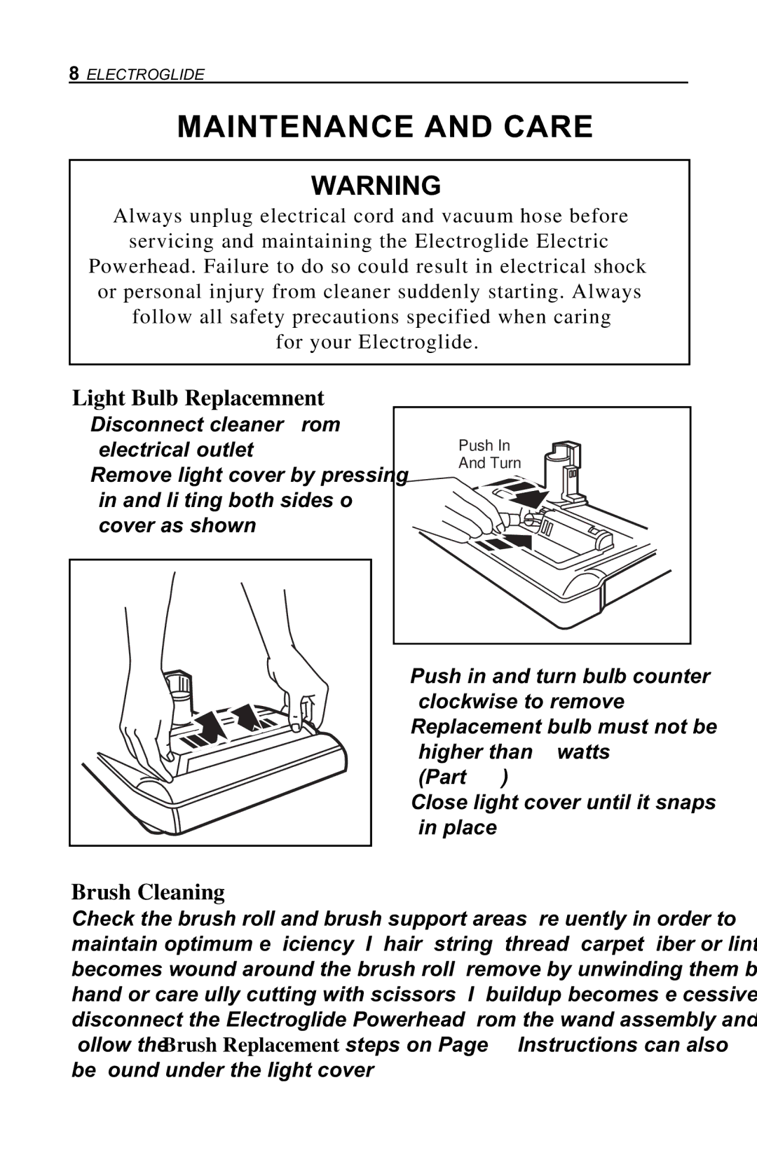 H-P Products Electroglide owner manual Maintenance and Care, Light Bulb Replacemnent, Brush Cleaning 