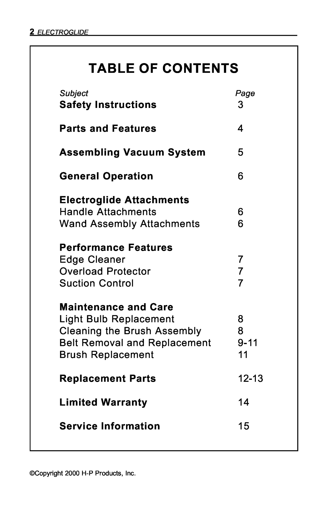 H-P Products Electroglide owner manual Table Of Contents 