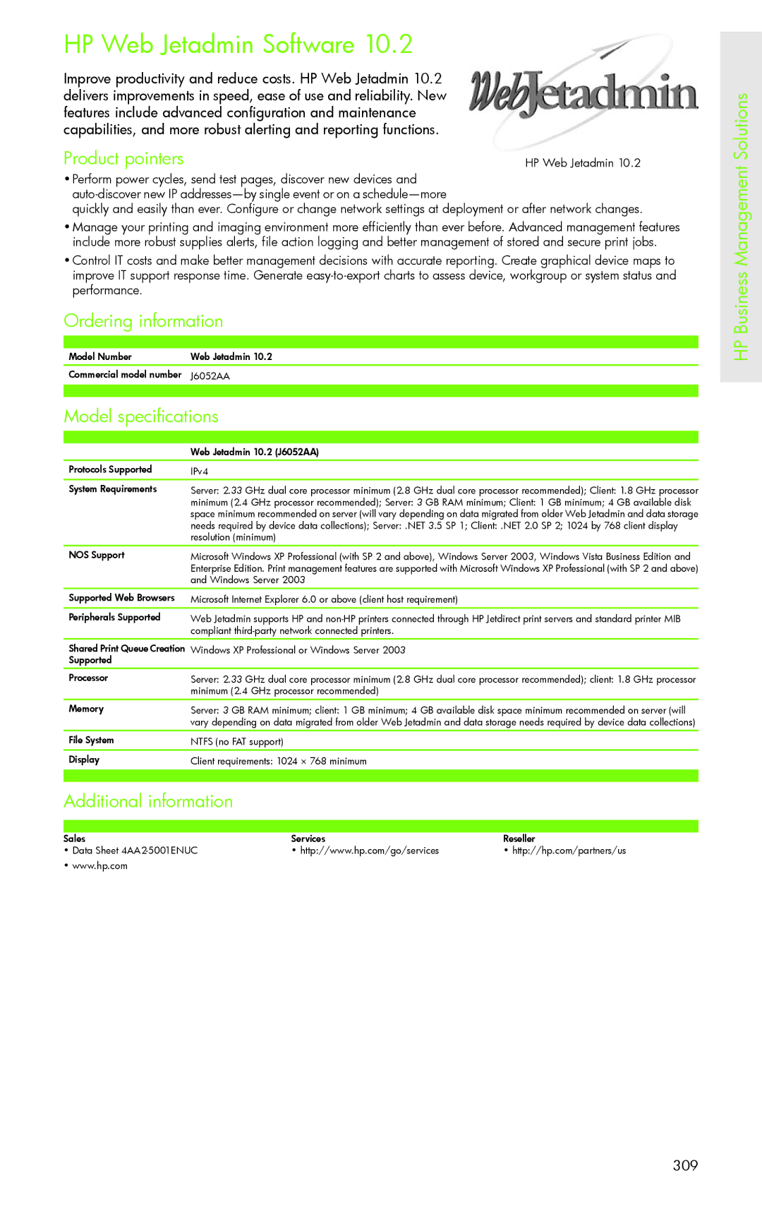 H-P Products PRO 8500 manual HP Web Jetadmin Software, Model specifications HP Business Management Solutions 