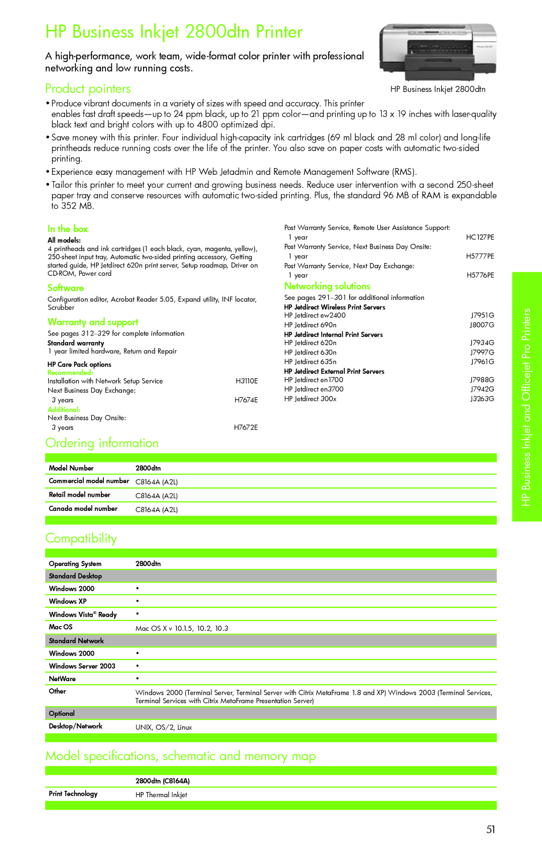 H-P Products PRO 8500 manual HP Business Inkjet 2800dtn Printer, Model specifications, schematic and memory map 