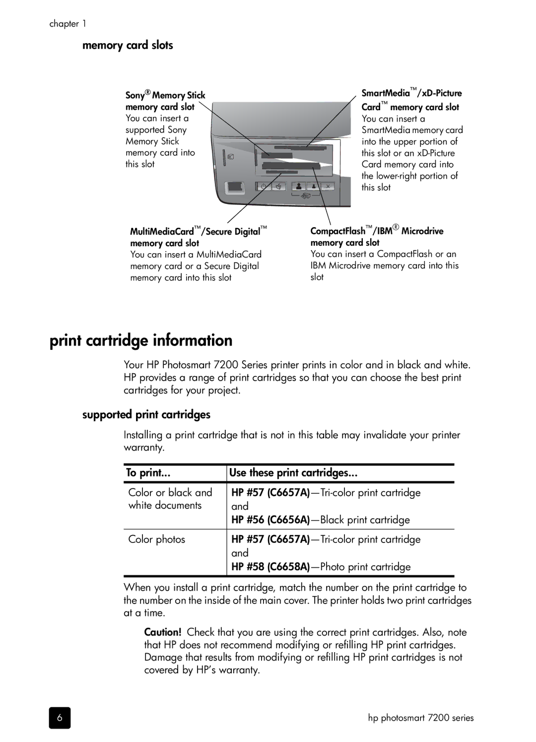 H-P Products SDGOA-0372 manual Print cartridge information, Memory card slots, Supported print cartridges 